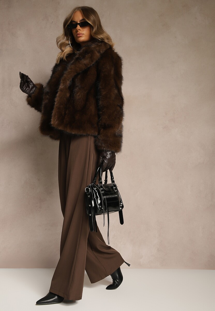 Brązowa Kurtka Typu Futerko Ozdobione Kołnierzem Tilea