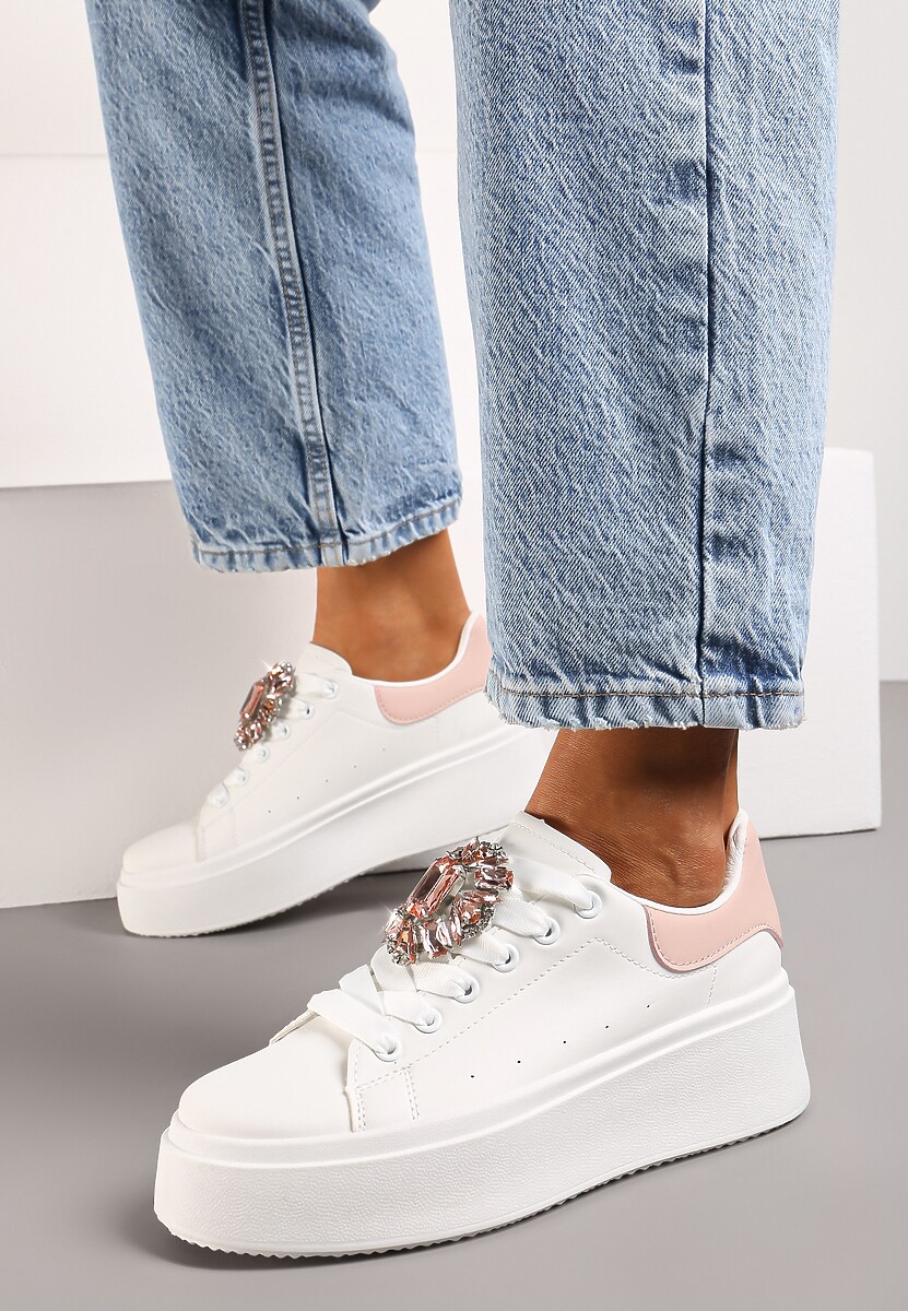 Biało-Różowe Sneakersy na Grubej Podeszwie z Ozdobną Aplikacją Kamienia  Danthia