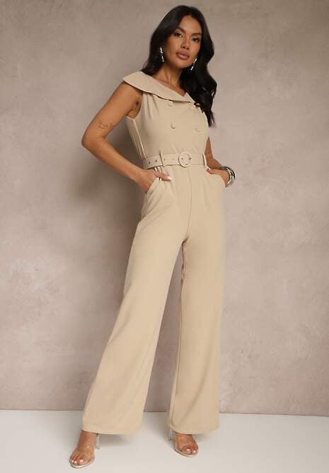 Beżowy Kombinezon z Dekoltem w Łódkę Guzikami i Paskiem Galissela