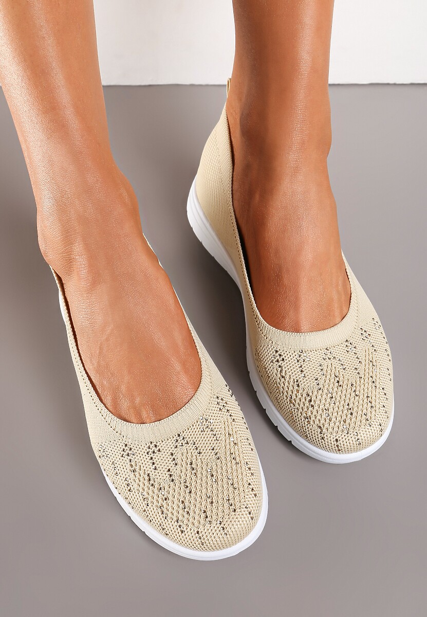 Beżowe Płaskie Tenisówki Zdobione Cyrkoniami Lomadia