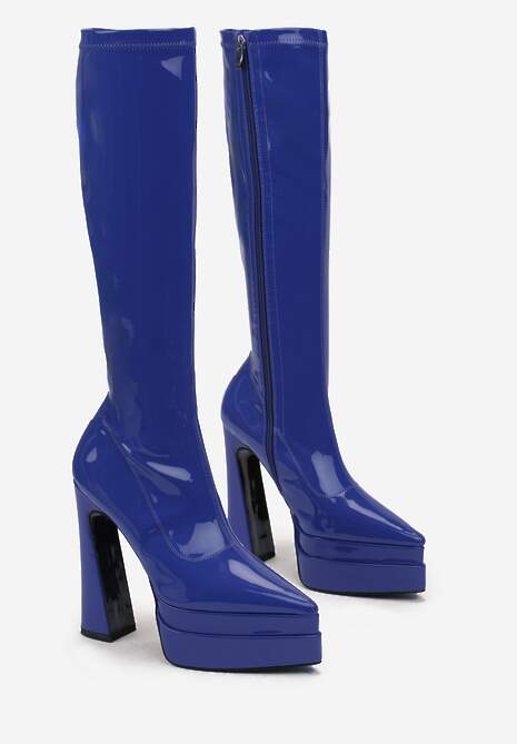 Niebieskie Kozaki z Lakierowanej Ekoskóry na Geometrycznym Słupku i Platformie Gliame