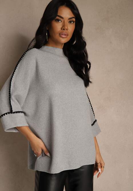 Szary Sweter Ozdobiony Lamówką na Rękawach Tusenna