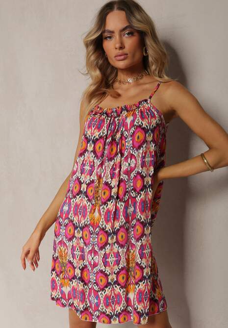 Fuksjowa Rozkloszowana Sukienka z Bawełny na Ramiączkach Tessadra