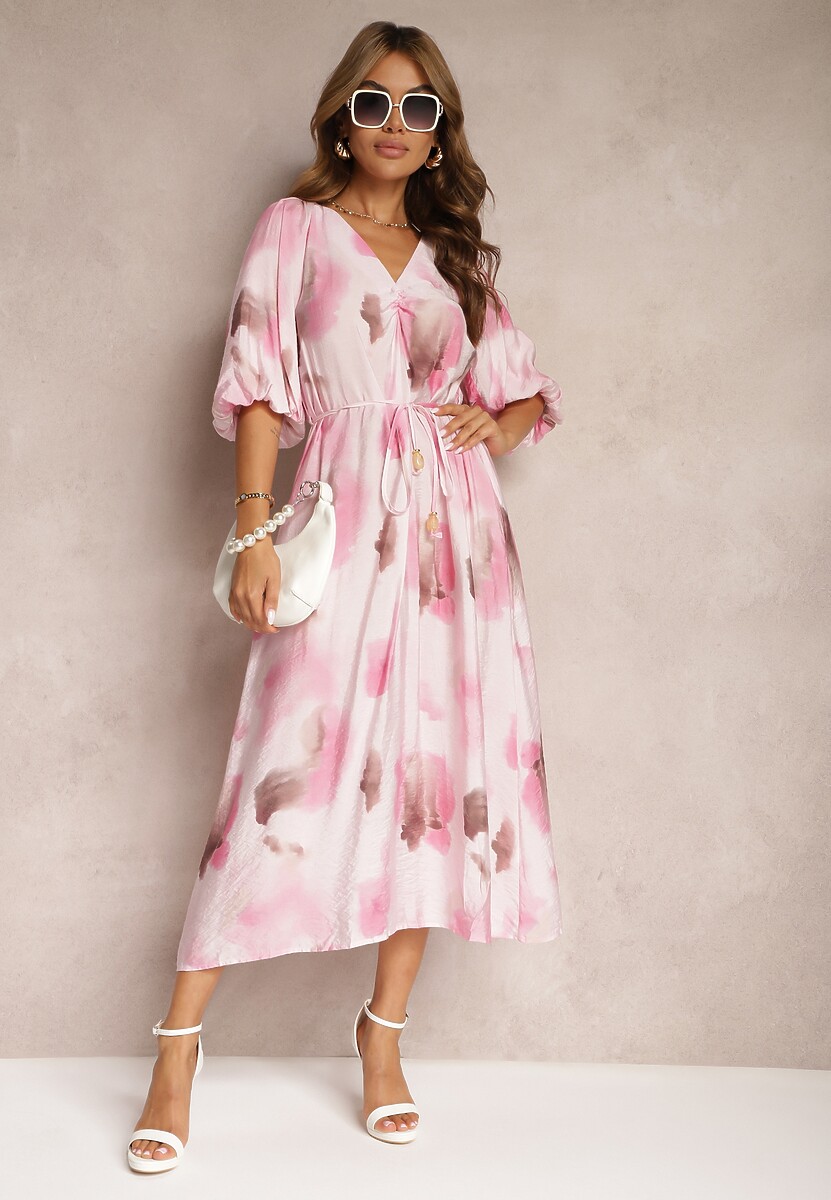 Różowa Wiskozowa Sukienka o Rozkloszowanym Kroju z Paskiem w Talii i Bufiastymi Rękawami Uranea