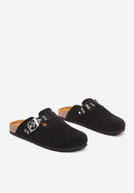 Czarne Klapki w Typie Muli Chodaków ze Sprzączką Lanelita