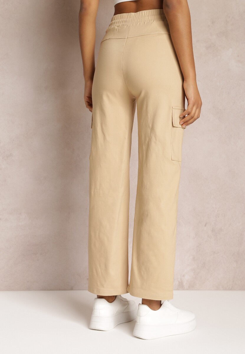 Beżowe Spodnie Cargo z Gumką w Talii i Szerokimi Kieszeniami z Klapami Aiglentina