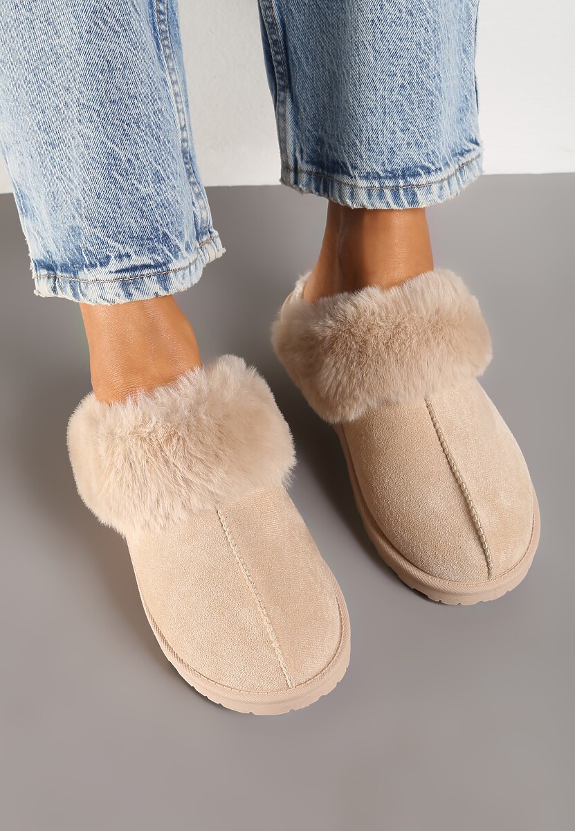 Beżowe Kapcie z Ekozamszu z Futrzaną Wyściółką Zoleti
