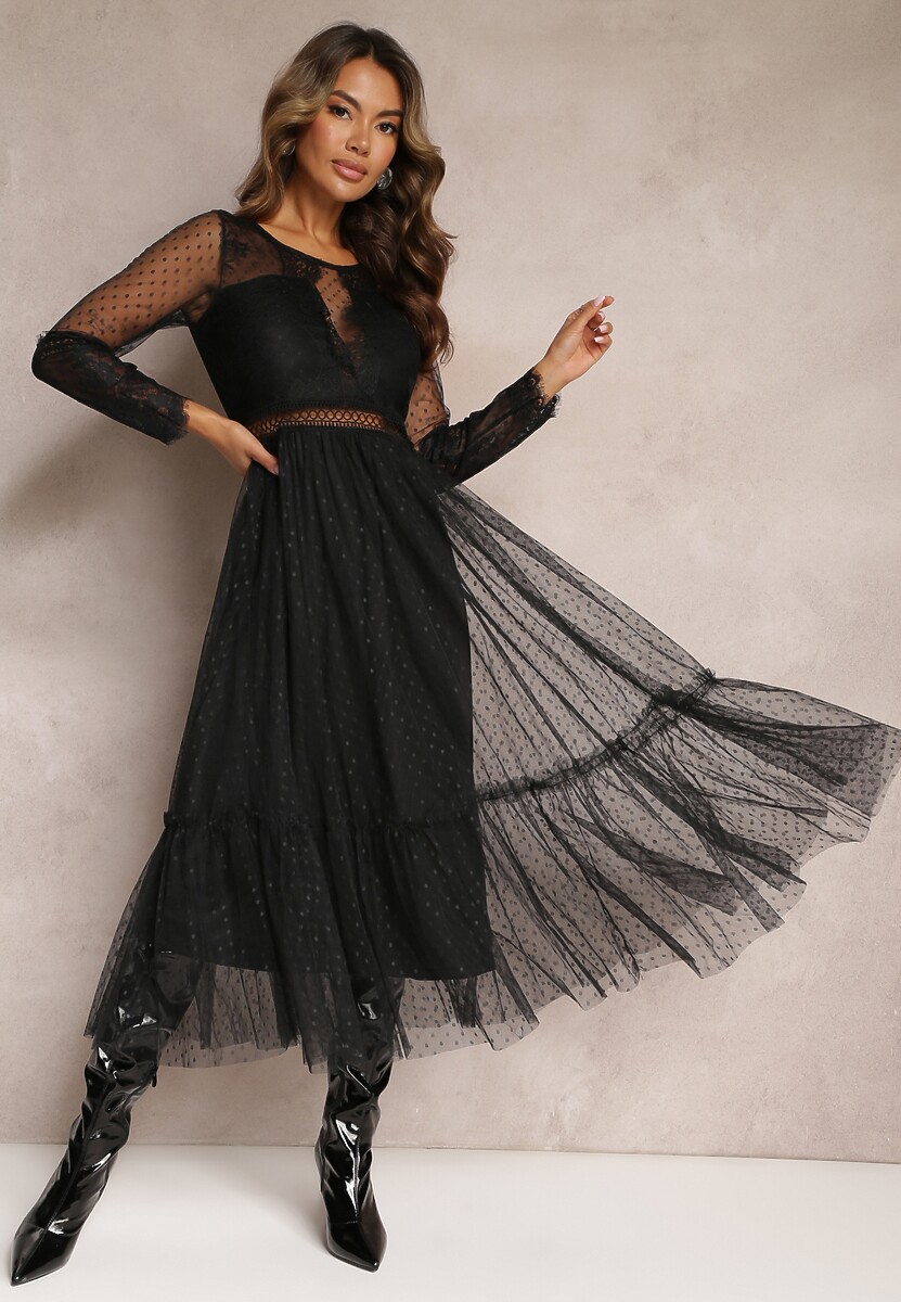 Czarna Rozkloszowana Sukienka Maxi z Koronkowymi Wstawkami i Tiulem Kollla