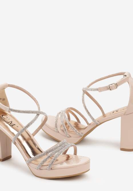 Beżowe Cyrkoniowe Sandały na Słupku z Ozdobnymi Paskami Beridara