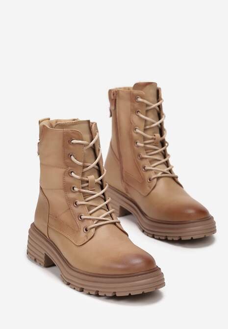 Beżowe Botki w Stylu Workerów Grunge Lenikka