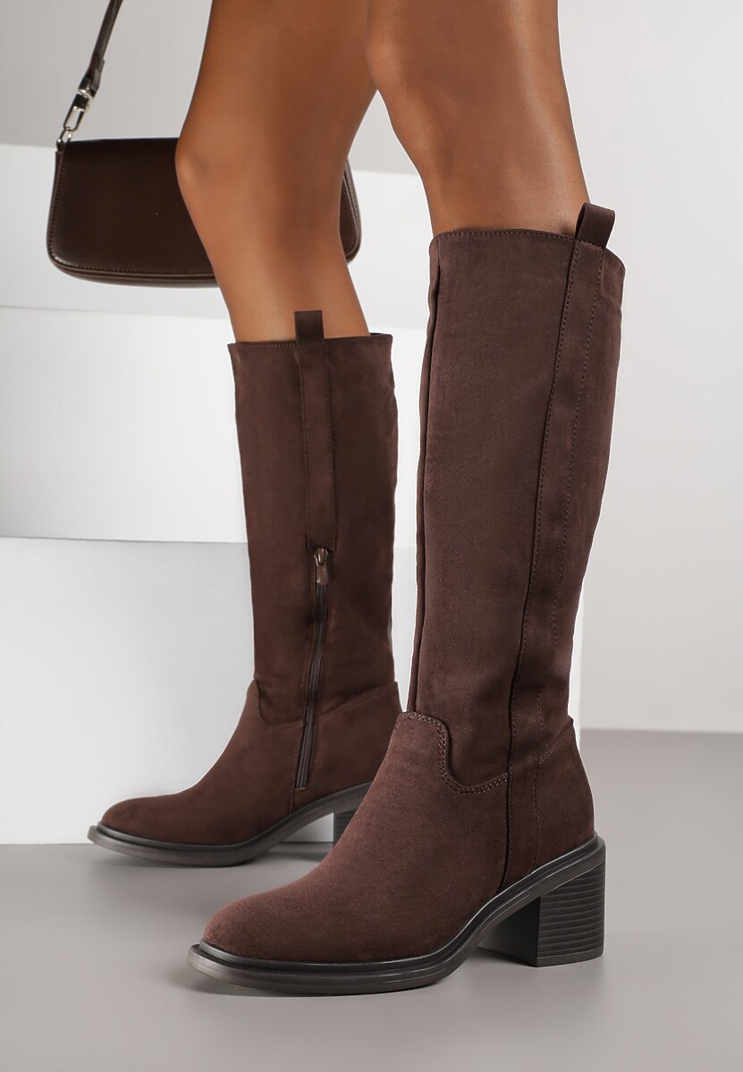 Brązowe Kozaki Oficerki Vices na Obcasie Zdobione Paskami przy Cholewce Giorela