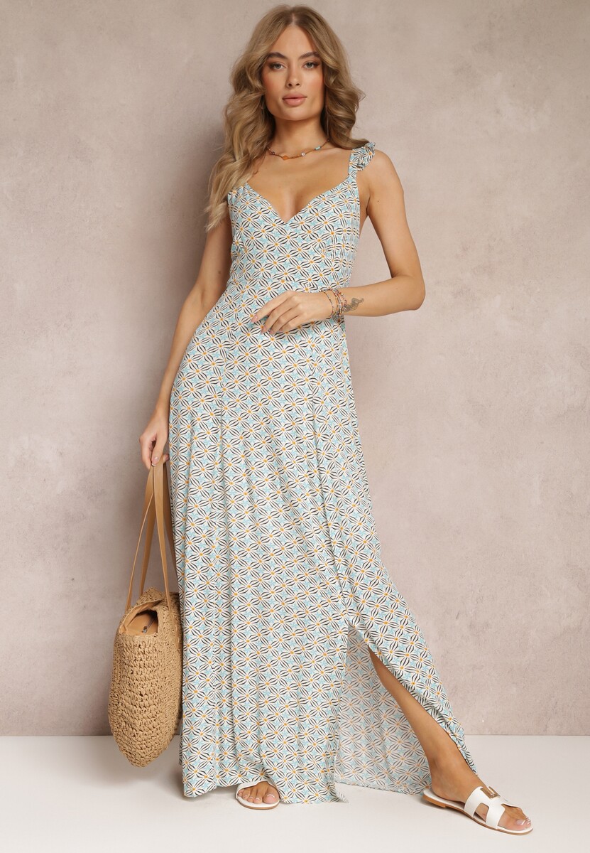 Zielono-Biała Rozkloszowana Sukienka Maxi z Ozdobnymi Ramiączkami i Głębokim Dekoltem z Wiskozy Jesa