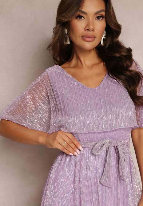 Ciemnofioletowa Koktajlowa Sukienka Maxi z Ozdobną Falbaną na Górze Cailey