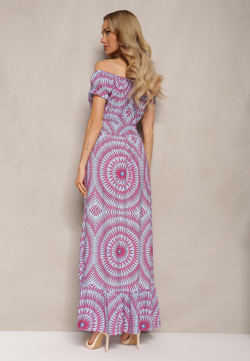 Niebiesko-Różowa Rozkloszowana Sukienka z Wiskozy z Gumką w Pasie i Wiązaniem przy Dekolcie Xicia