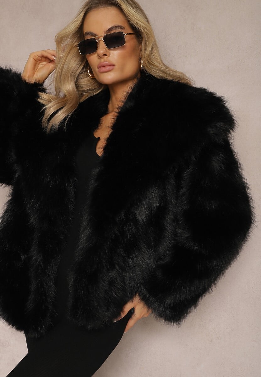 Czarna Kurtka Futro z Długim Włosiem Zelita