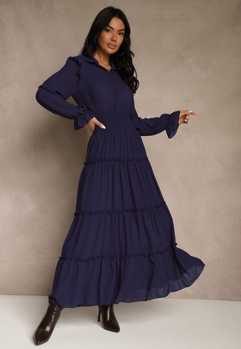 Brązowa Sukienka VICES Koszulowa z Falbaną w Rustykalnym Stylu Arivite