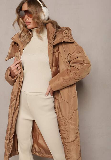 Beżowa Pikowana Kurtka Płaszcz za Kolano z Kapturem Kelotta