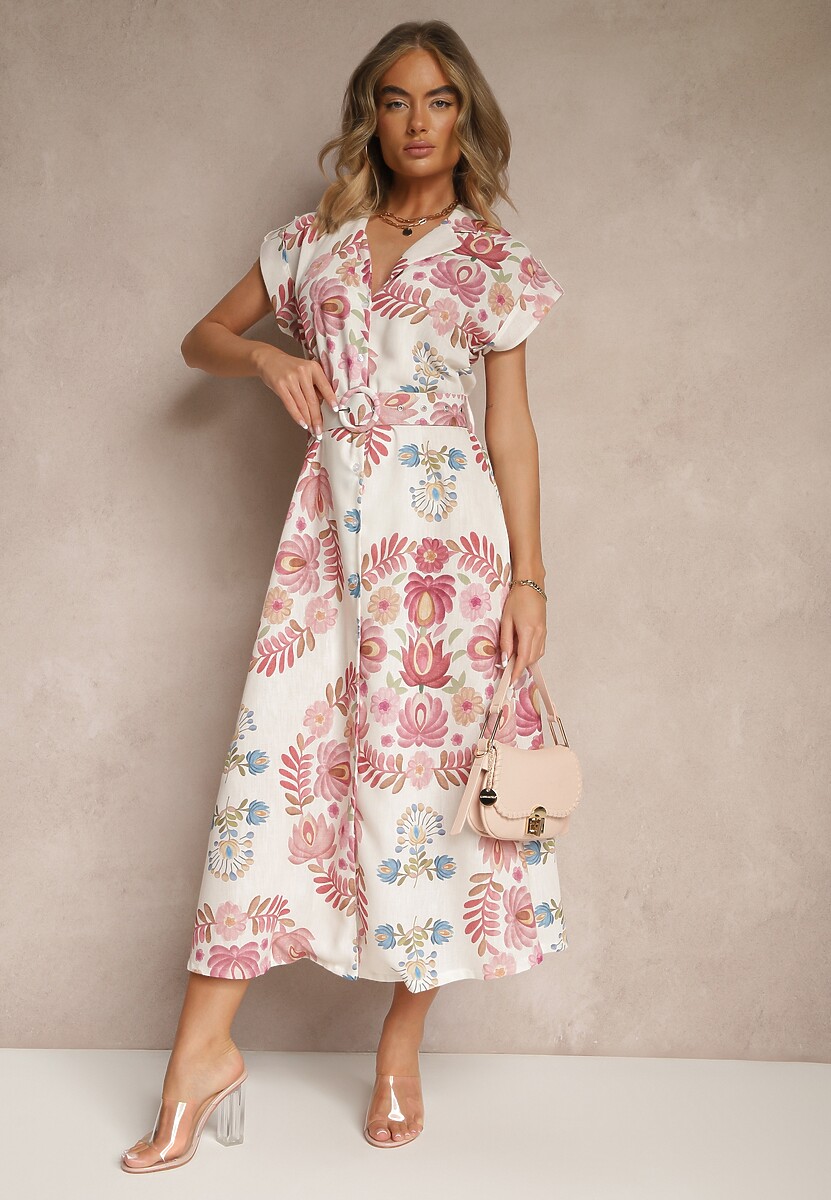 Różowa Koszulowa Sukienka z Wiskozą z Dodatkowym Paskiem Nitapinia