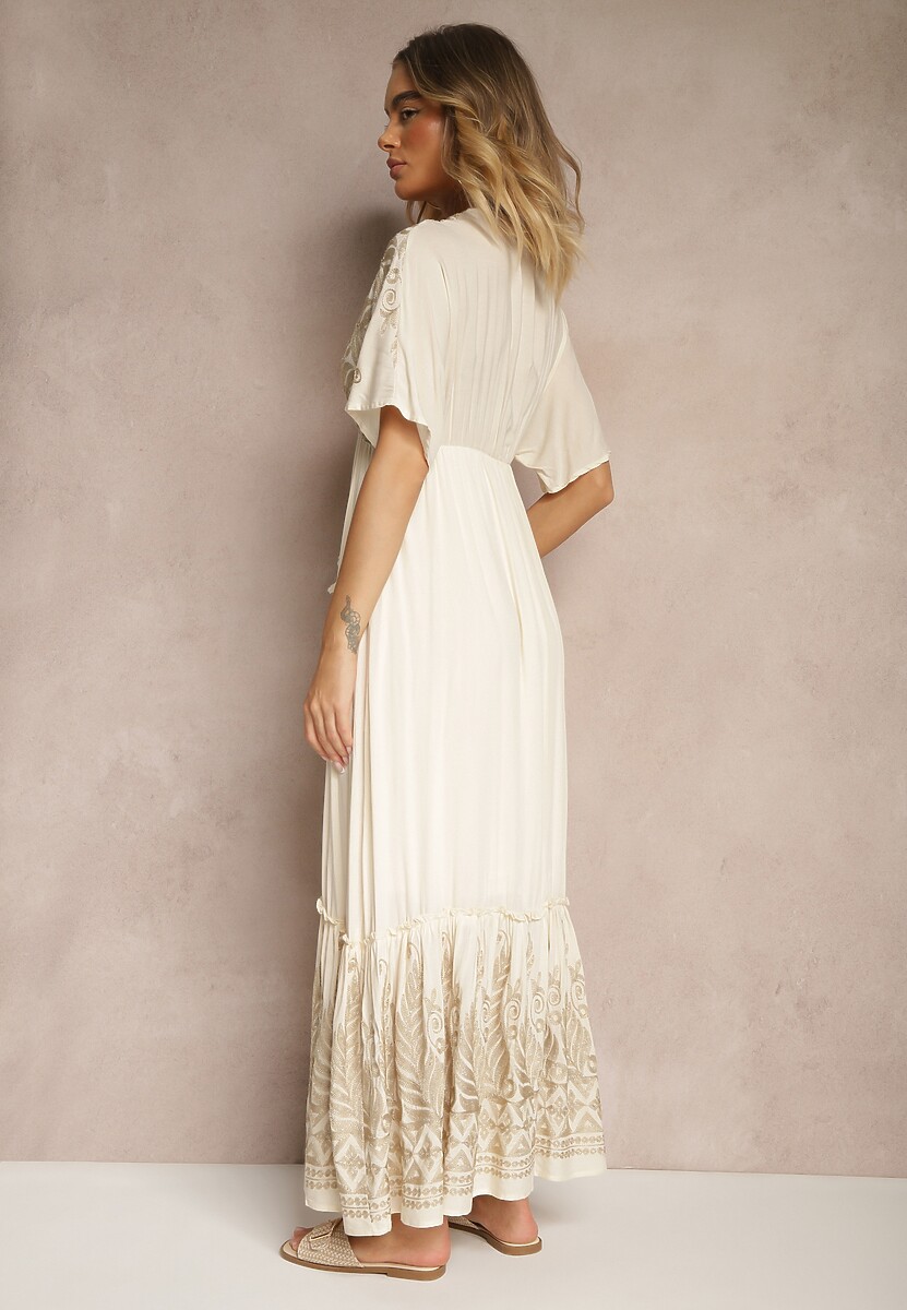 Jasnobeżowa Sukienka z Wiskozy o Kopertowym Kroju Zdobiona Metalicznym Haftem Grelhira