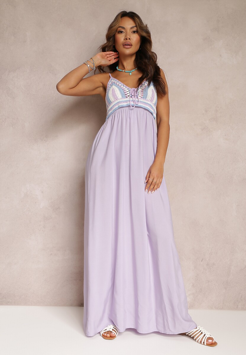 Jasnoniebieska Bawełniana Sukienka Maxi z Szydełkową Górą i Gumkami na Plecach Jennesia