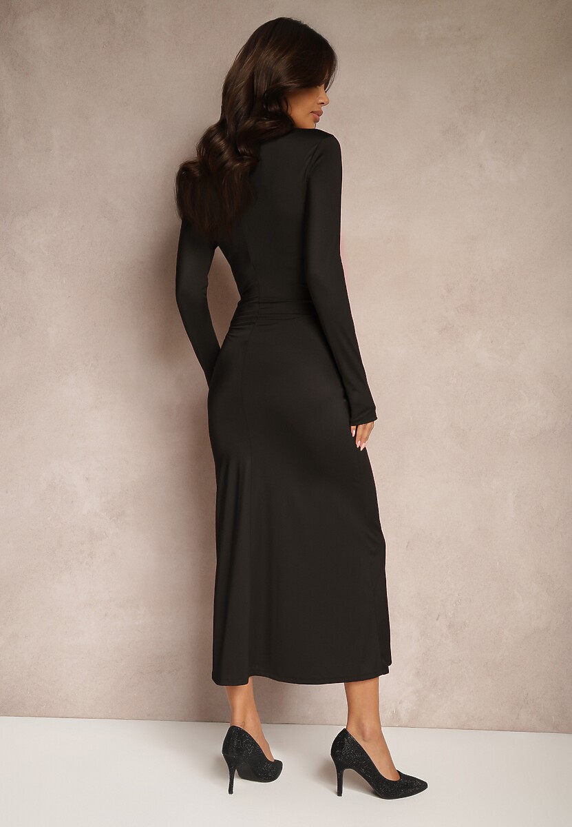 Czarna Koktajlowa Sukienka z Ozdobnym Wycięciem i Wiązaniem Vamicea