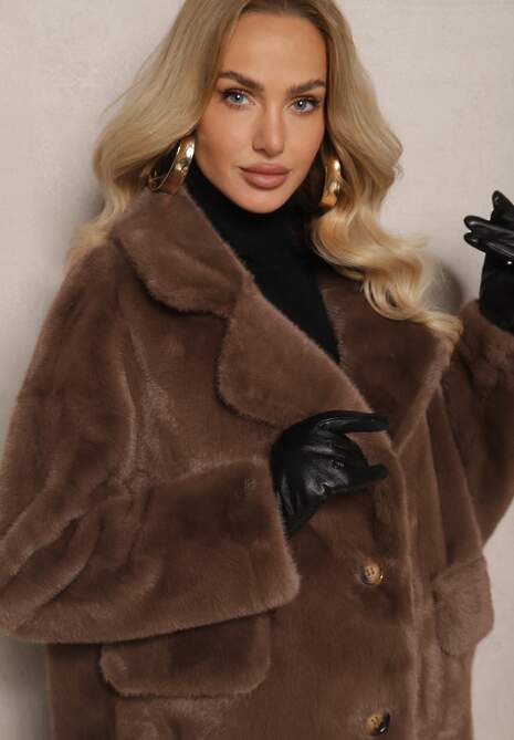 Brązowy Płaszcz z Futra z Zapięciem na Guziki i Wsuwanymi Kieszeniami Paritha