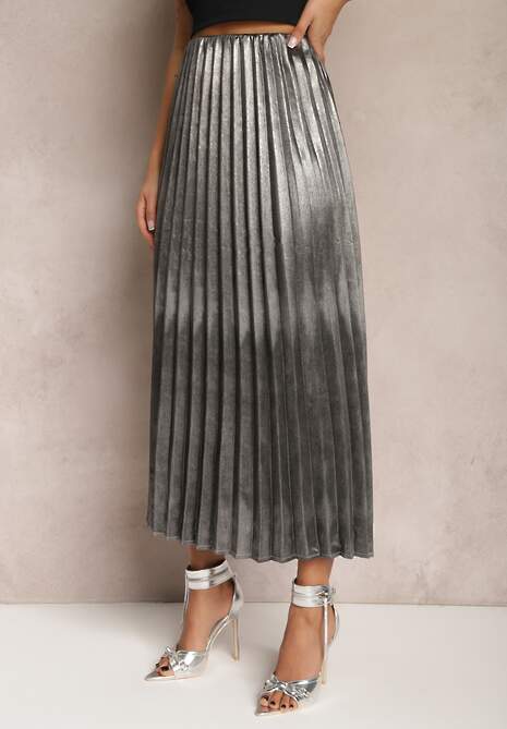 Srebrna Połyskująca Spódnica Plisowana Maxi Vilira