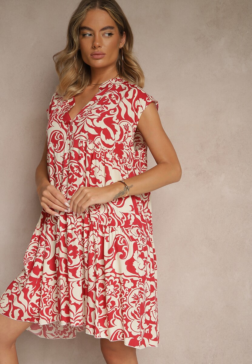 Czerwona Sukienka Oversize z Bawełny z Ornamentnym Wzorem Folazea