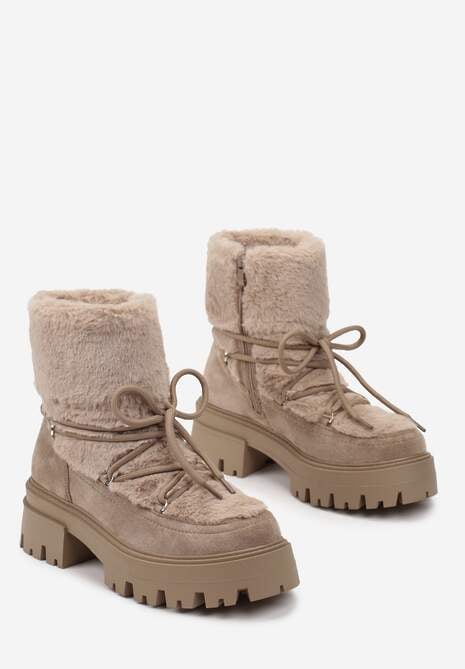 Ciemnobeżowe Botki z Futerkiem na Platformie z Ozdobnym Wiązaniem Cotara
