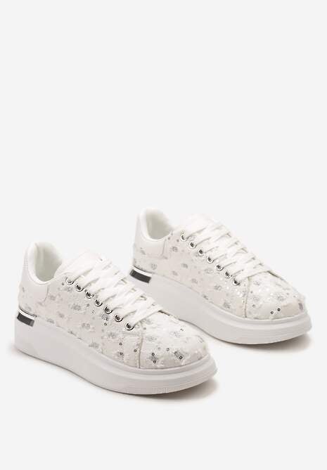 Beżowe Sneakersy na Platformie Ozdobione Metaliczną Wstawką Przetarciami oraz Brokatem Sorlina