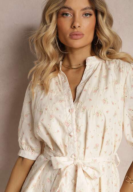 Beżowo-Różowa Trapezowa Sukienka o Kroju Koszulowym Ozdobiona Materiałowym Paskiem w Talii Darnagia