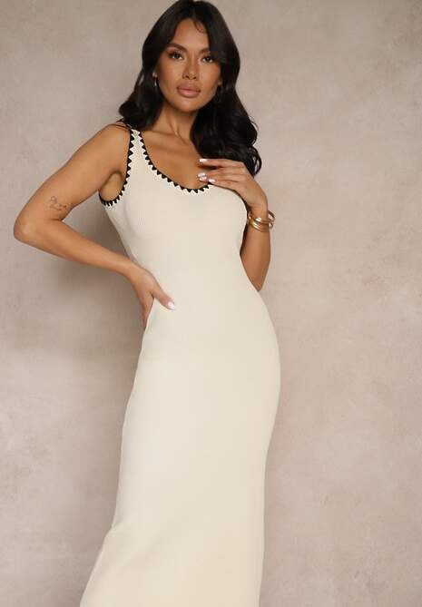 Beżowa Taliowana Sukienka na Ramiączkach z Dzianiny z Ozdobnymi Lamówkami Ullimi