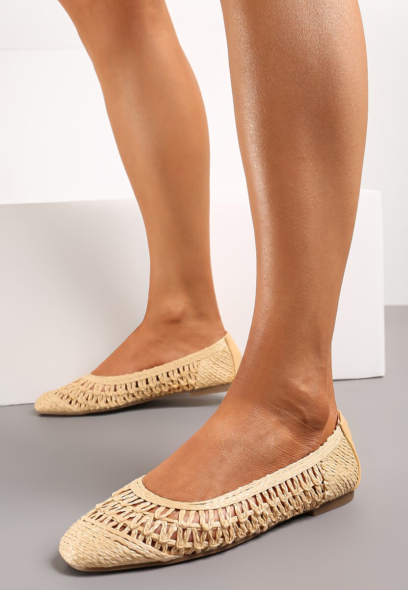 Beżowe Płaskie Balerinki z Imitacji Skóry o Ażurowym Wykończeniu Yines