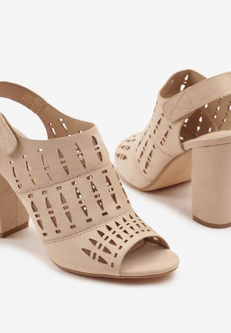 Beżowe Ażurowe Sandały na Słupku Vices ze Skórzaną Wkładką Linetelia