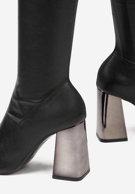 Czarne Dopasowane Kozaki Vices za Kolano na Metalicznym Słupku Todvira