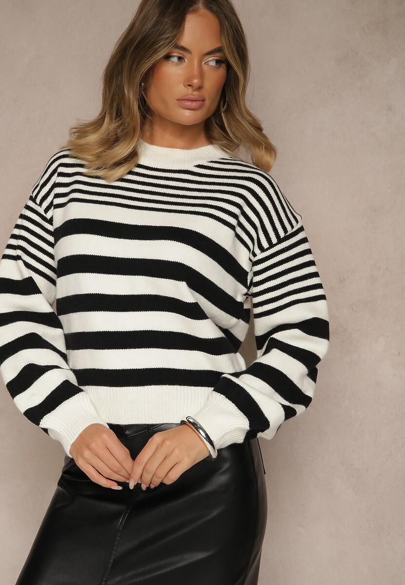 Beżowy Klasyczny Sweter w Paski ze Ściągaczami Nirru