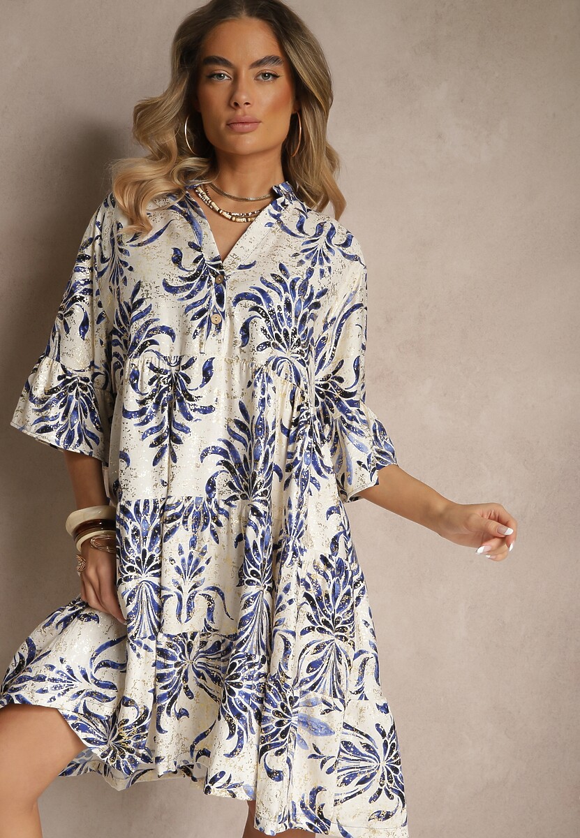 Niebiesko-Beżowa Sukienka z Lnem o Rozkloszowanym Kroju Zdobiona Metalicznym Nadrukiem Filinwena