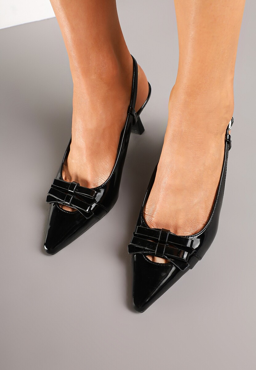 Czarne Lakierowane Sandały na Obcasie z Noskiem w Szpic z Kokardkami Noravis