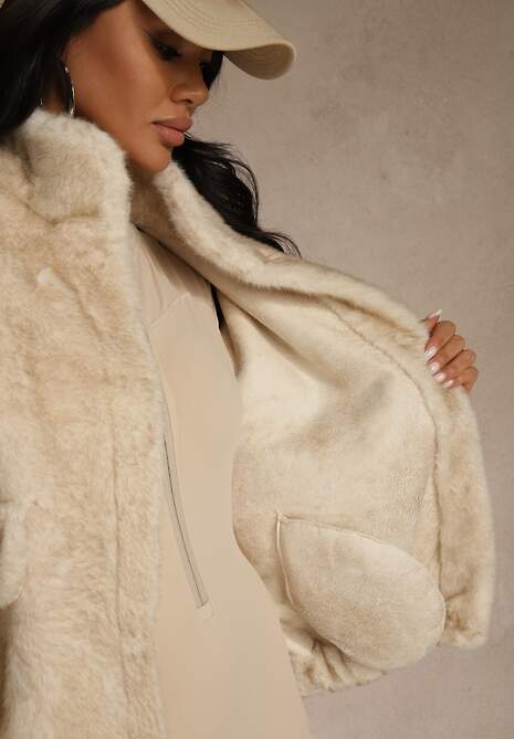 Beżowa Futrzana Kurtka Bomberka z Kieszeniami Tiwedela