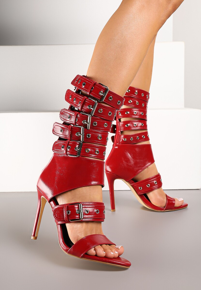 Czarne Sandały Botki na Obcasie Zdobione Paskami ze Sprzączkami Idamirea