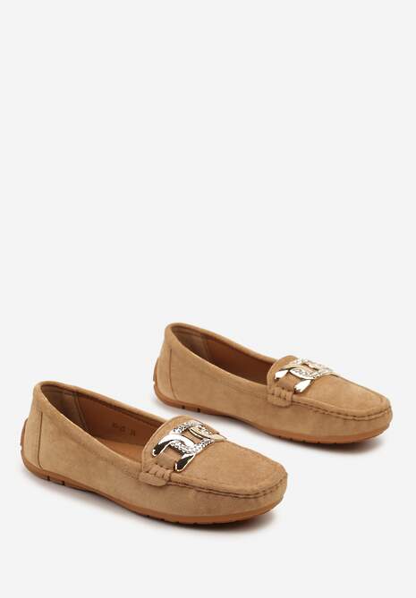 Brązowe Płaskie Mokasyny z Ekozamszu Ozdobione Klamrą z Cyrkoniami Tailer