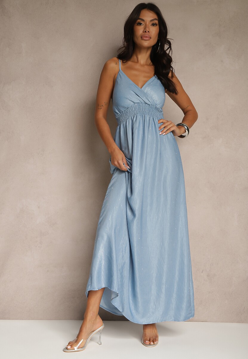 Jasnoniebieska Wiskozowa Sukienka o Kopertowym Kroju na Ramiączkach z Cyrkoniami Aravice