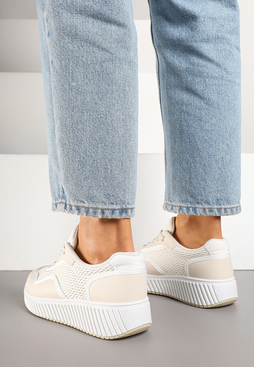 Beżowo-Białe Sneakersy na Tłoczonej Platformie Wilaria