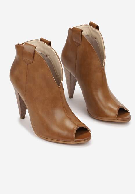 Brązowe Botki na Stożku z Noskiem Peep Toe Rinsali