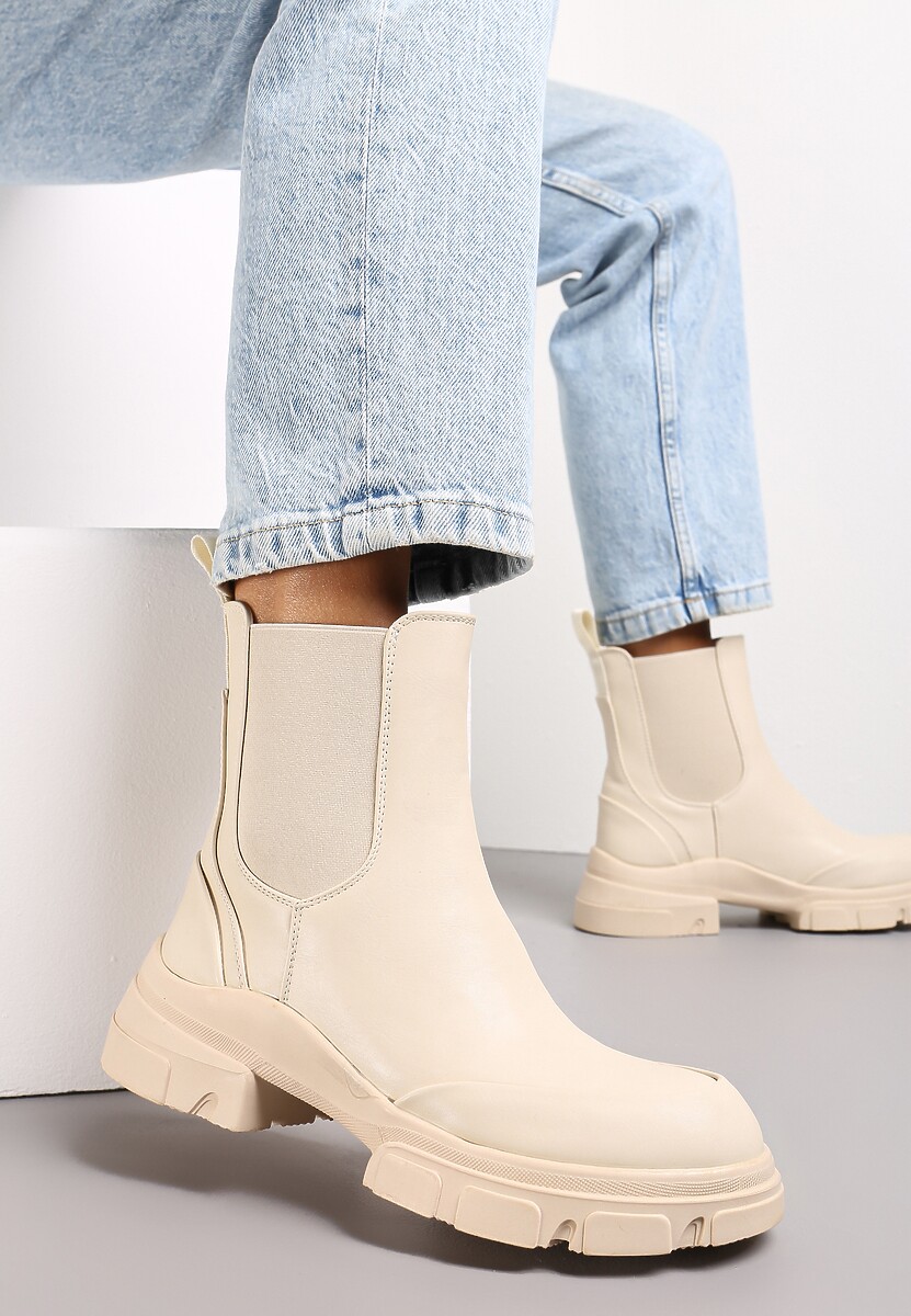 Beżowe Botki Sztyblety na Grubej Podeszwie z Elastyczną Wstawką Elearesa