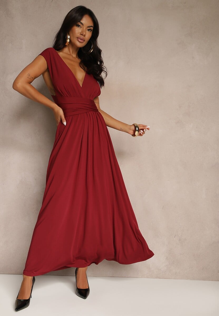 Bordowa Sukienka Koktajlowa Multiway z Wiskozą Wiązana na Szyi Lilovea