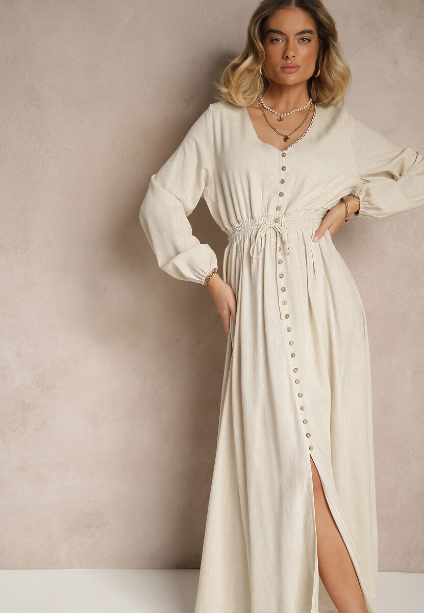 Beżowa Sukienka z Lnem i Wiskozą o Rozkloszowanym Kroju z Ozdobnymi Guzikami Maitena