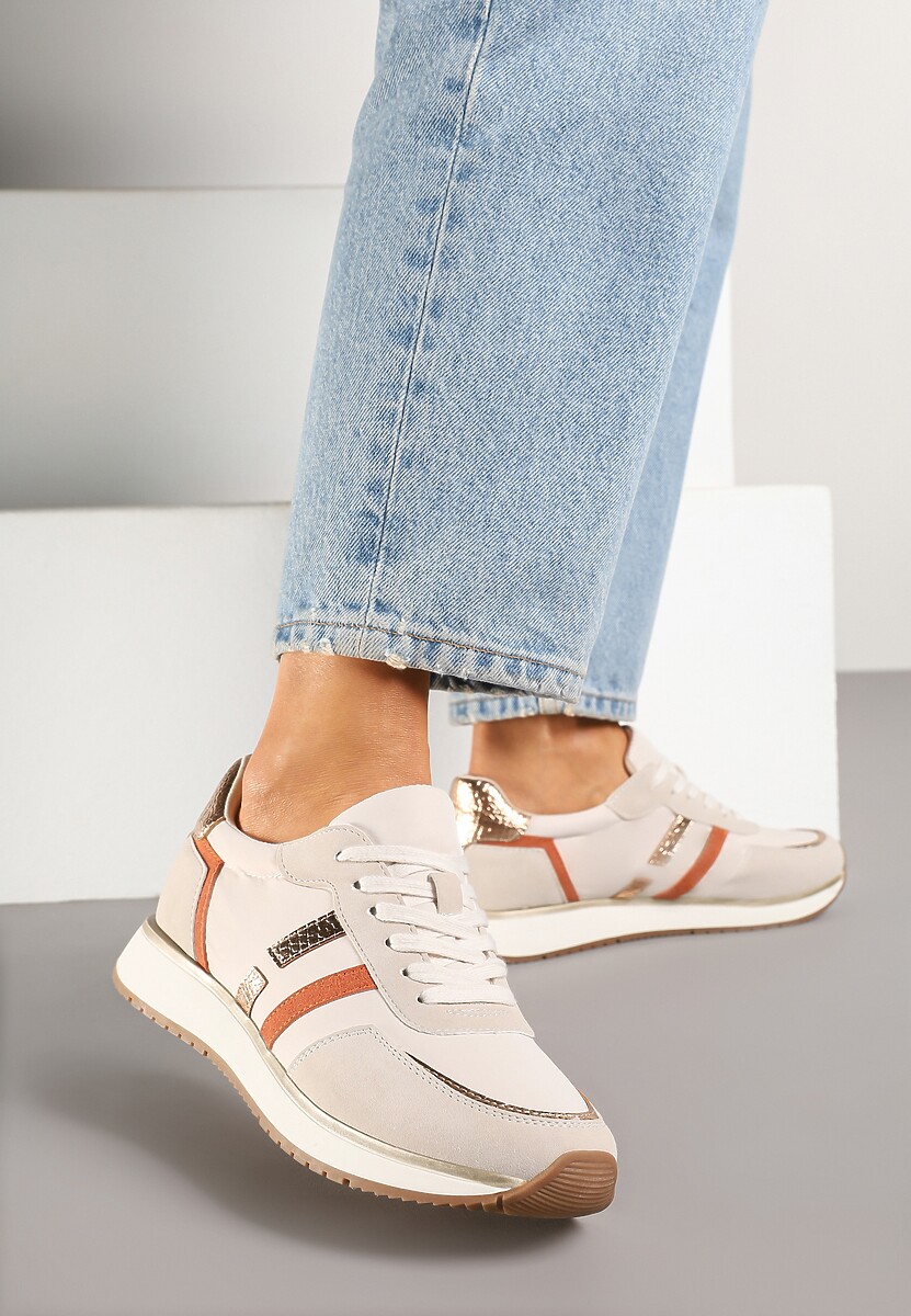 Beżowe Sneakersy z Metalicznym Wzorem Alusa