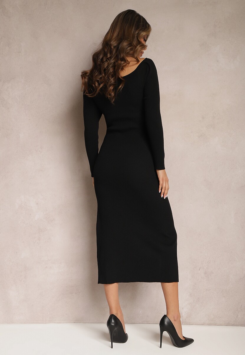 Czarna Dopasowana Sukienka Ozdobiona Wycięciem na Brzuchu i Cyrkoniami Odia