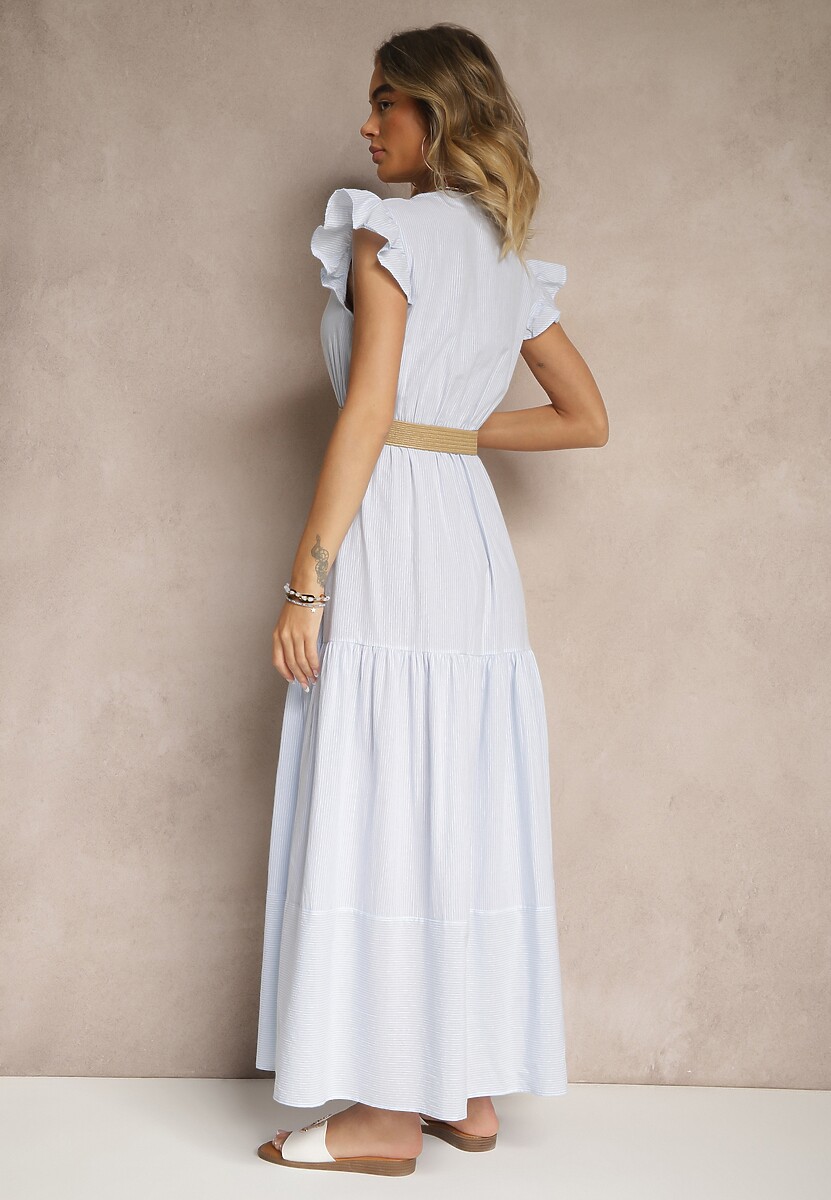 Jasnoniebieska Rozkloszowana Sukienka z Bawełny w Stylu Boho z Paskiem z Klamrą Iffarisa